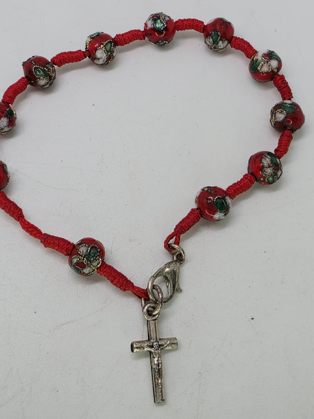 Vintage Cloisonne Enamel Floral Bead Bracelet Red Cord Woven Cross Charm Rosary